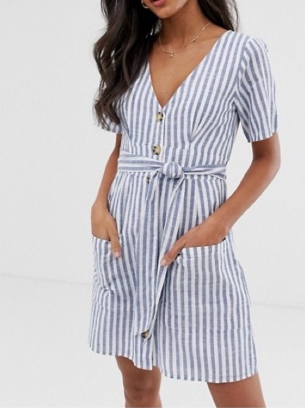 Abercrombie & Fitch Blue And White Striped Linen Tie-Waist Mini Dress Size XSP
